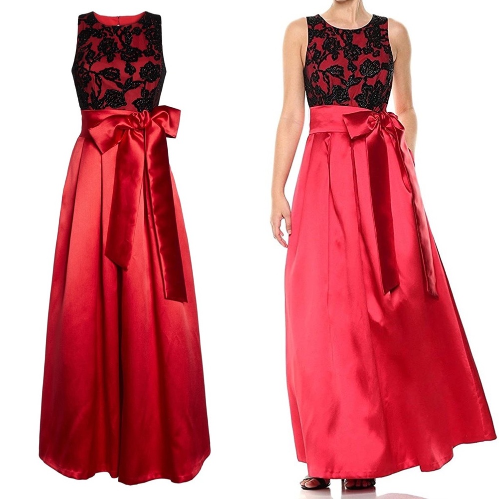 ELIZAJ FLORAL GLITTER VELVET BURNOUT SASH BOW MIKADO BALL-GOWN DRESS